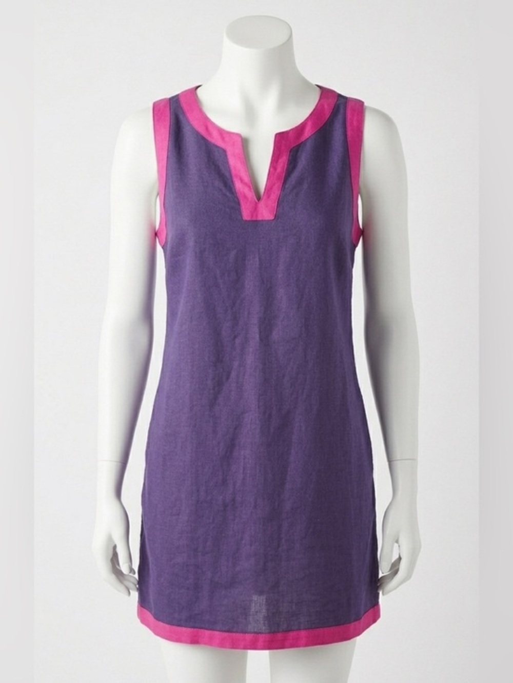 Sigrid Olsen Linen Shift Tunic Dress Colorblock Split V Neck Tank‎ Purple Large